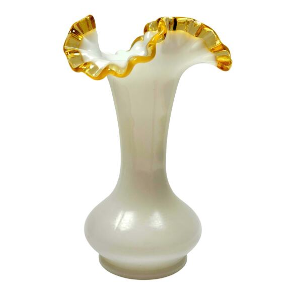 VTG 8" Double Crimped Ruffle Fenton Gold Crest Milk Glass Vase Transparent Gold - Picture 2 of 8